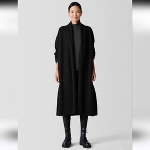 Eileen Fisher Wool Coat Long Length Open Front Shaw Collar Cardigan Trench